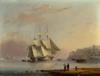 Eine britische Fregatte vor der Küste bei Mount Edgecumbe, Plymouth
